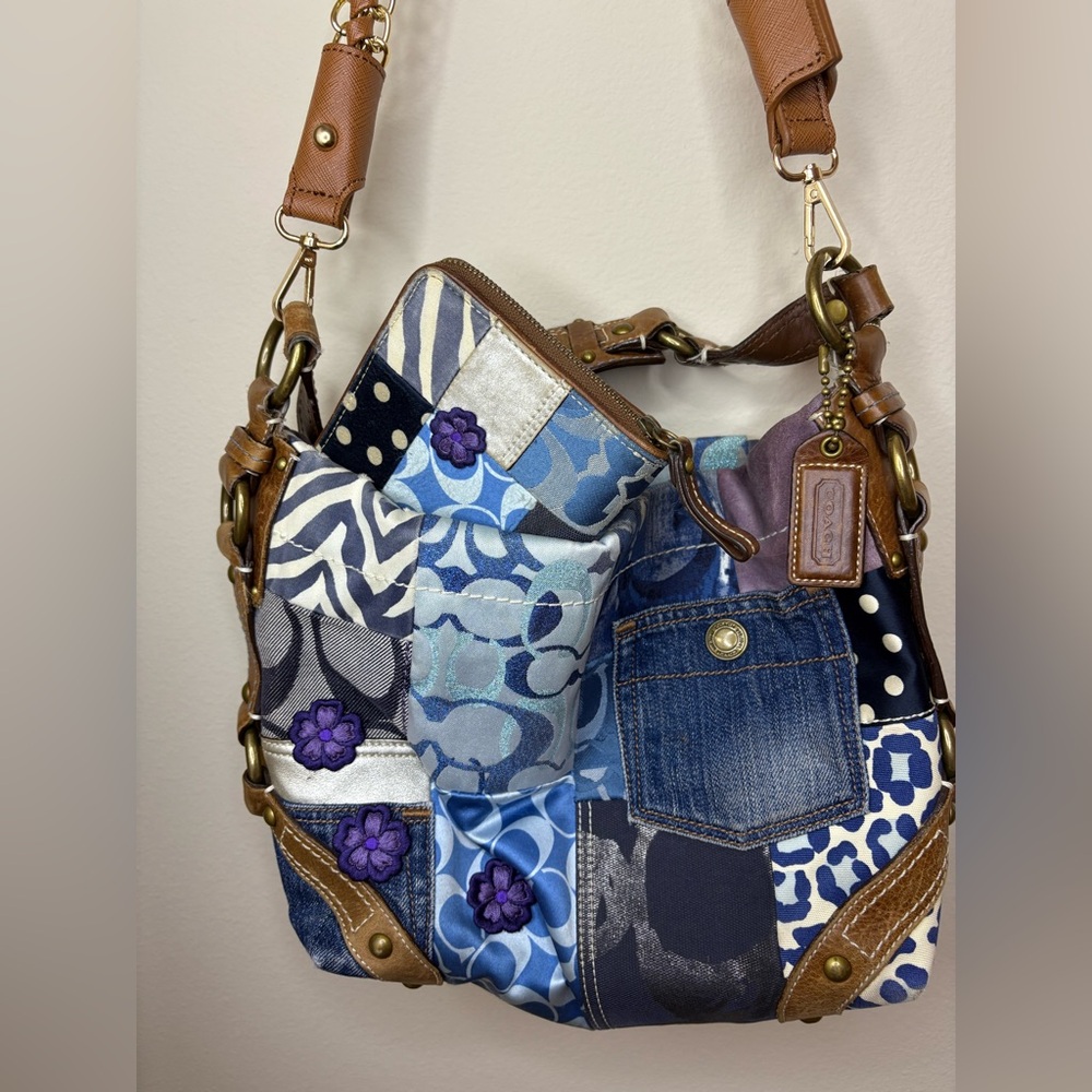 Coach Blue and Brown Patchwork Shoulder Bag with Leather Accents